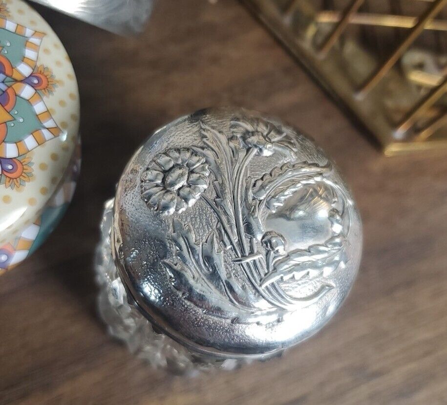 Antique Victorian Sterling Silver and Crystal Hobnail Cut Vanity Powder Jar 