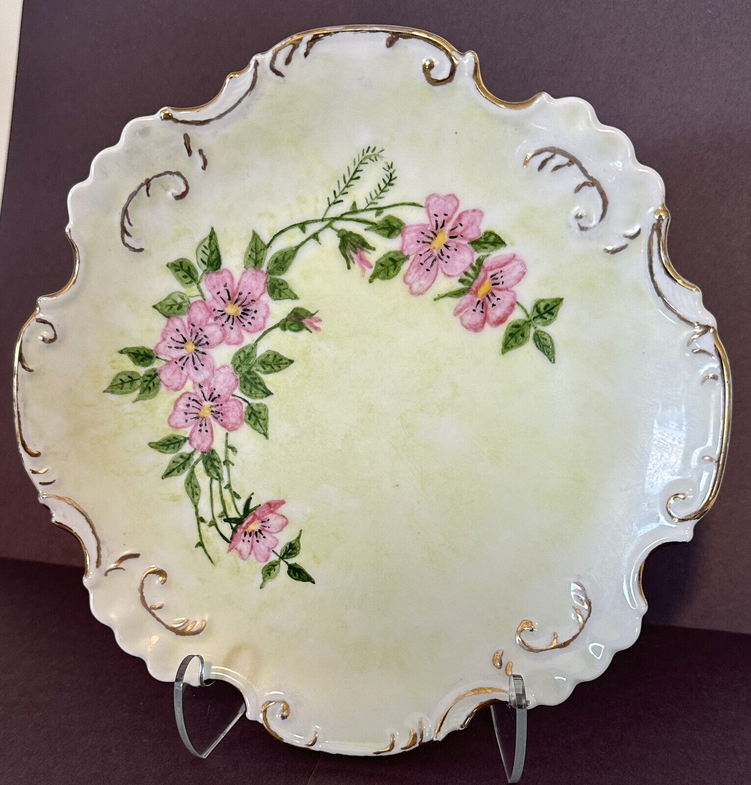 Vintage OOAK Hand Painted Rose Plate Gold Gilded Trim Patina Signed Victorian