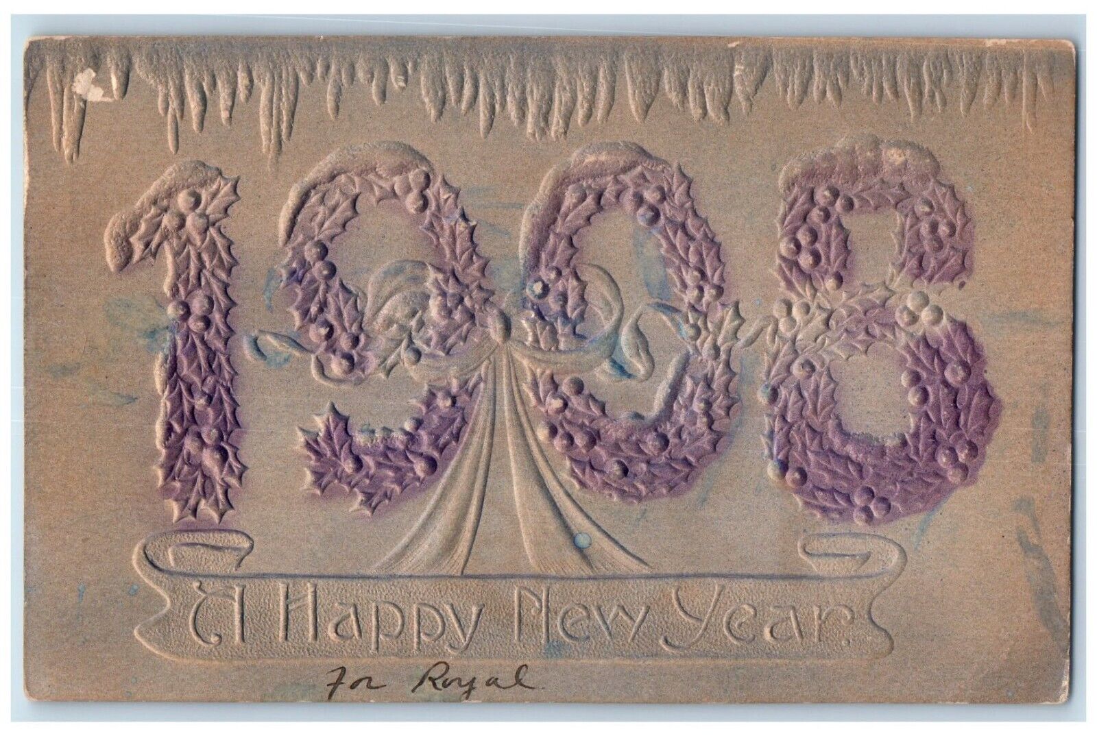 1906 Happy New Year Holly Berries Winter Large Letter Embossed Antique Postcard
