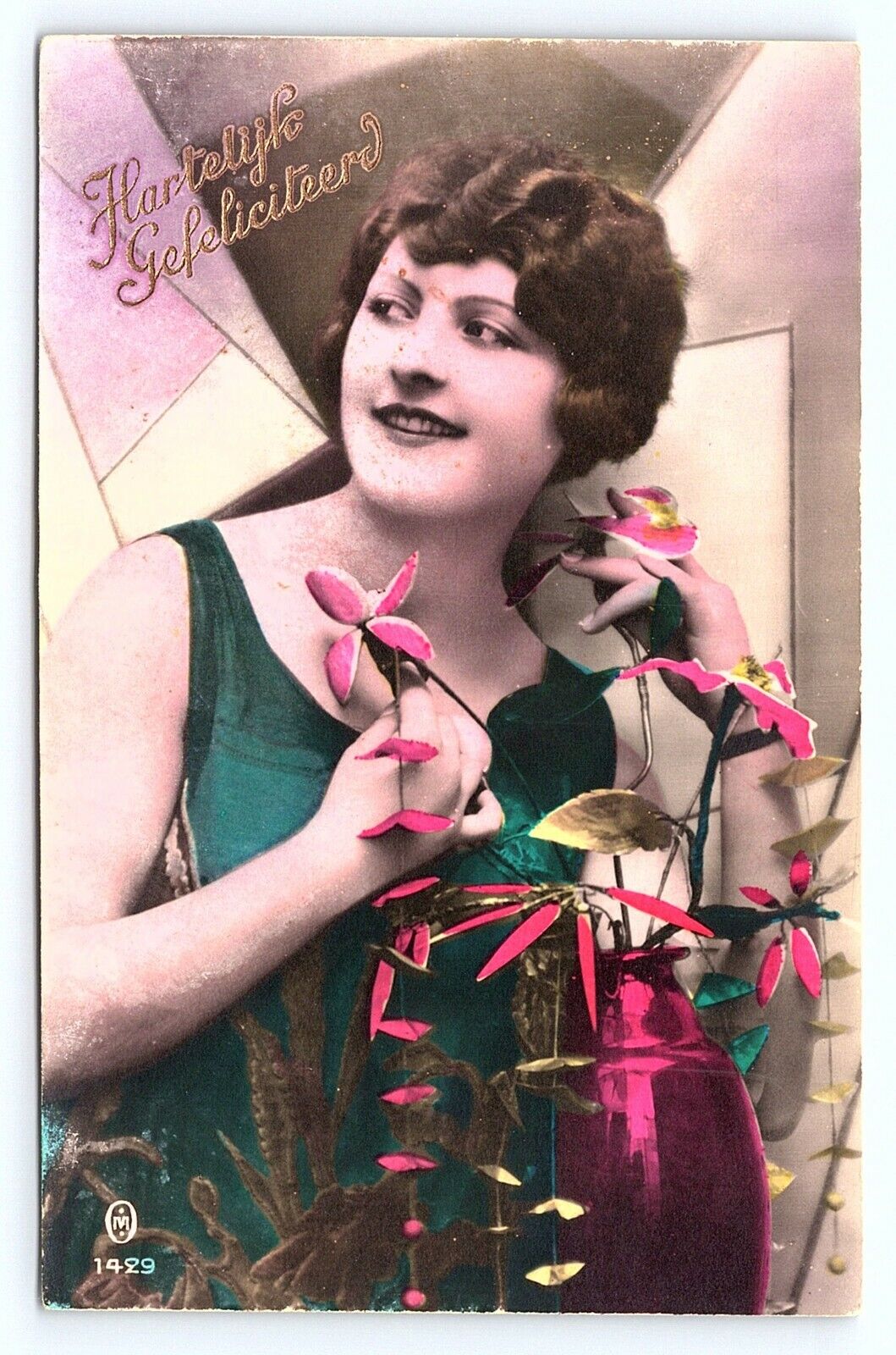 c1915 Beautiful Lady with Flowers Congratulations ? Made in France Postcard B20