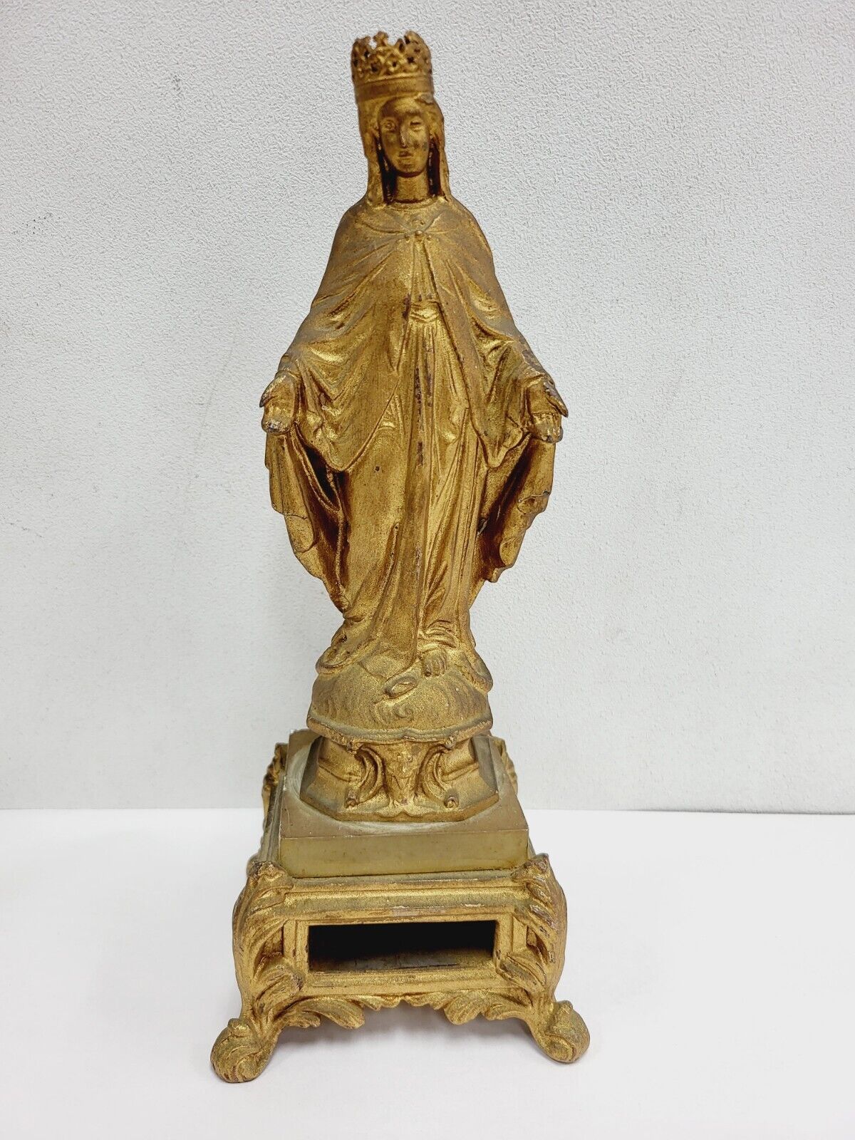 VINTAGE RELIGIOUS STATUE VIRGIN  MARY BRONZE ANTIQUE FRENCH SPELTER ON STAND