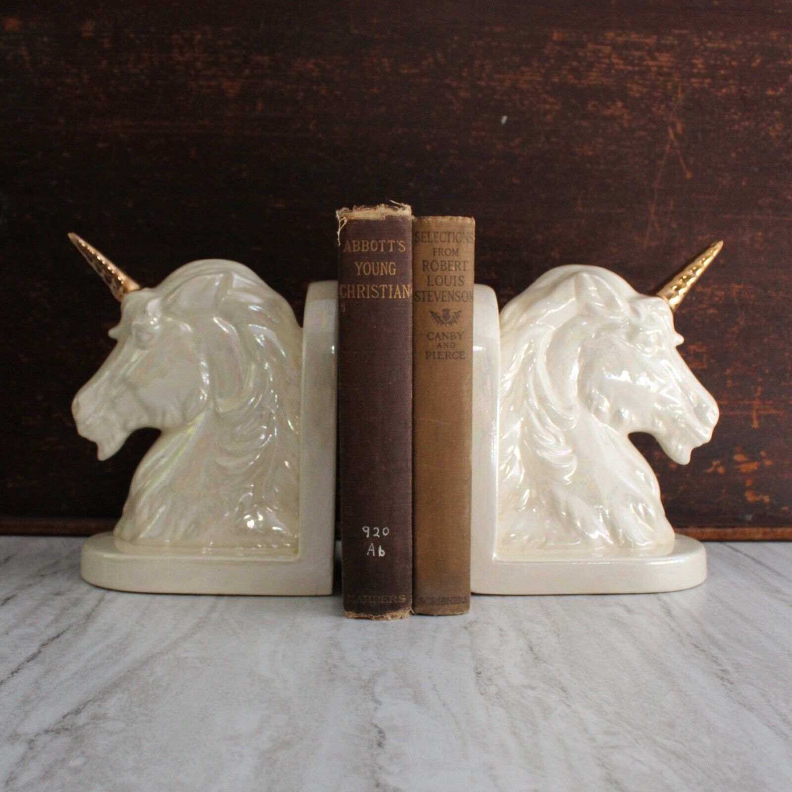 Rare Vintage Ceramic Unicorn Bookend Pair of Two, Gold Horns.