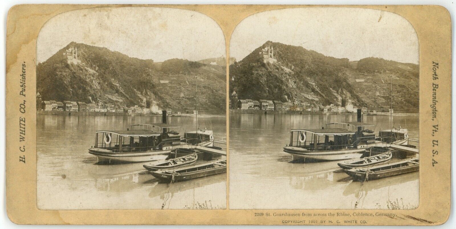 c1900's Real Photo Stereoview Card St. Goarshausen From Across the Rhine Germany