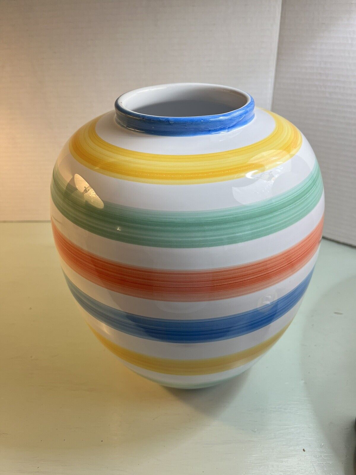 Vintage Pier 1 Ceramic White w/ Multi Color Strips Pottery Vase Italy Italian