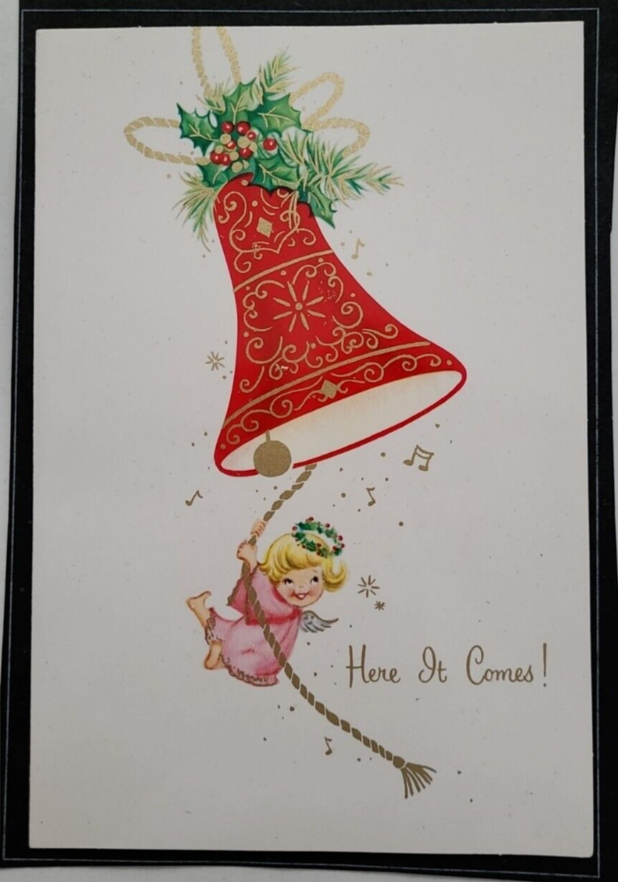 1950s Vtg CHRISTMAS Angel GIRL in PINK Dress Swings on Bell HERE IT COMES CARD