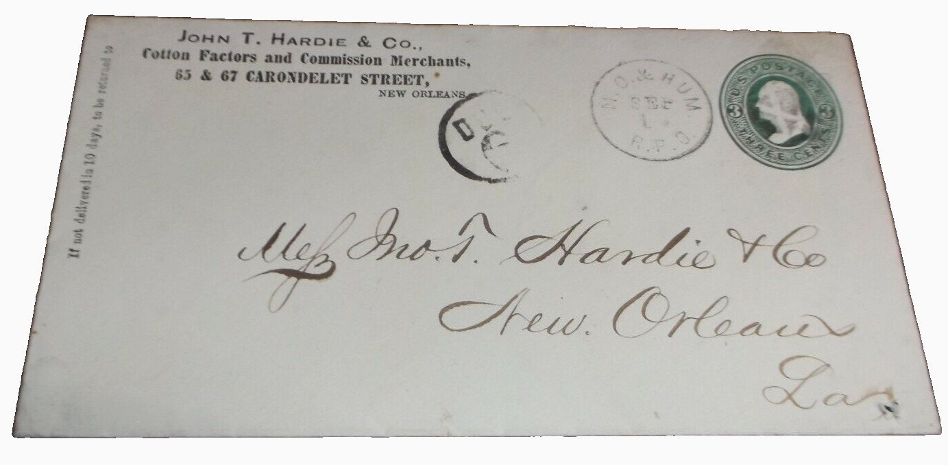 1880's ILLINOIS CENTRAL NEW ORLEANS & HUMBOLDT RPO HANDLED ENVELOPE
