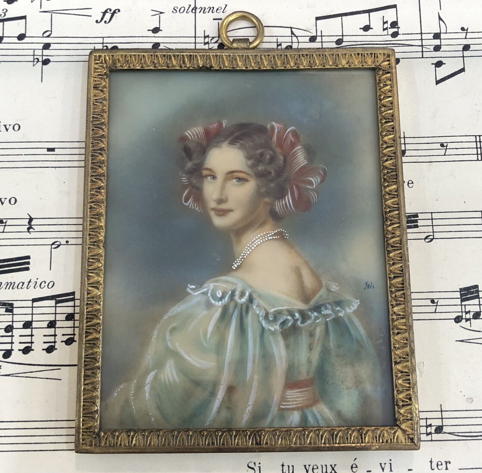 Antique French Hand Painted Miniature Woman Signed Iris Bronze Frame c1900