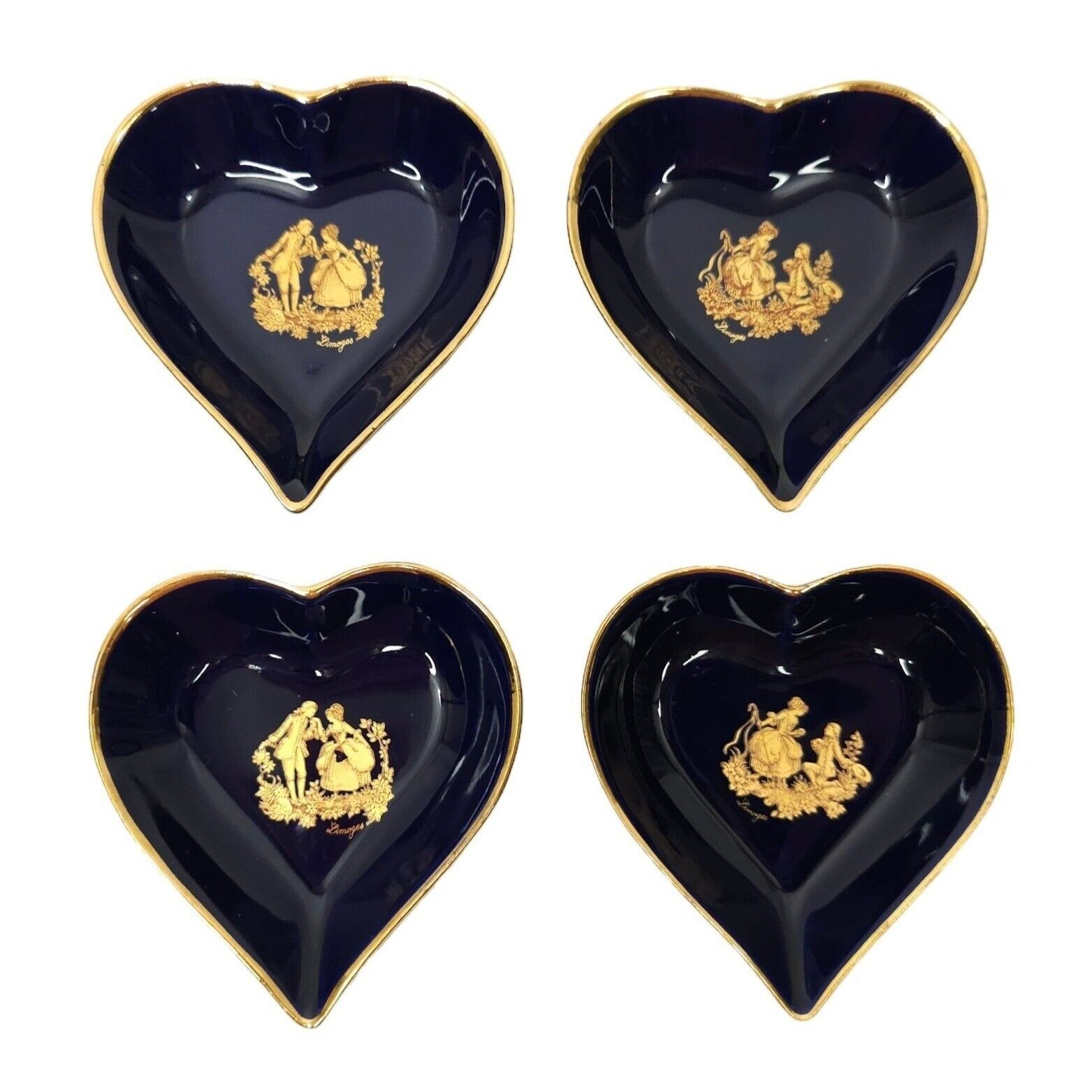 Vintage Limoges Cobalt Blue Gold Heart Shaped Porcelain 4 Dishes Courting Couple
