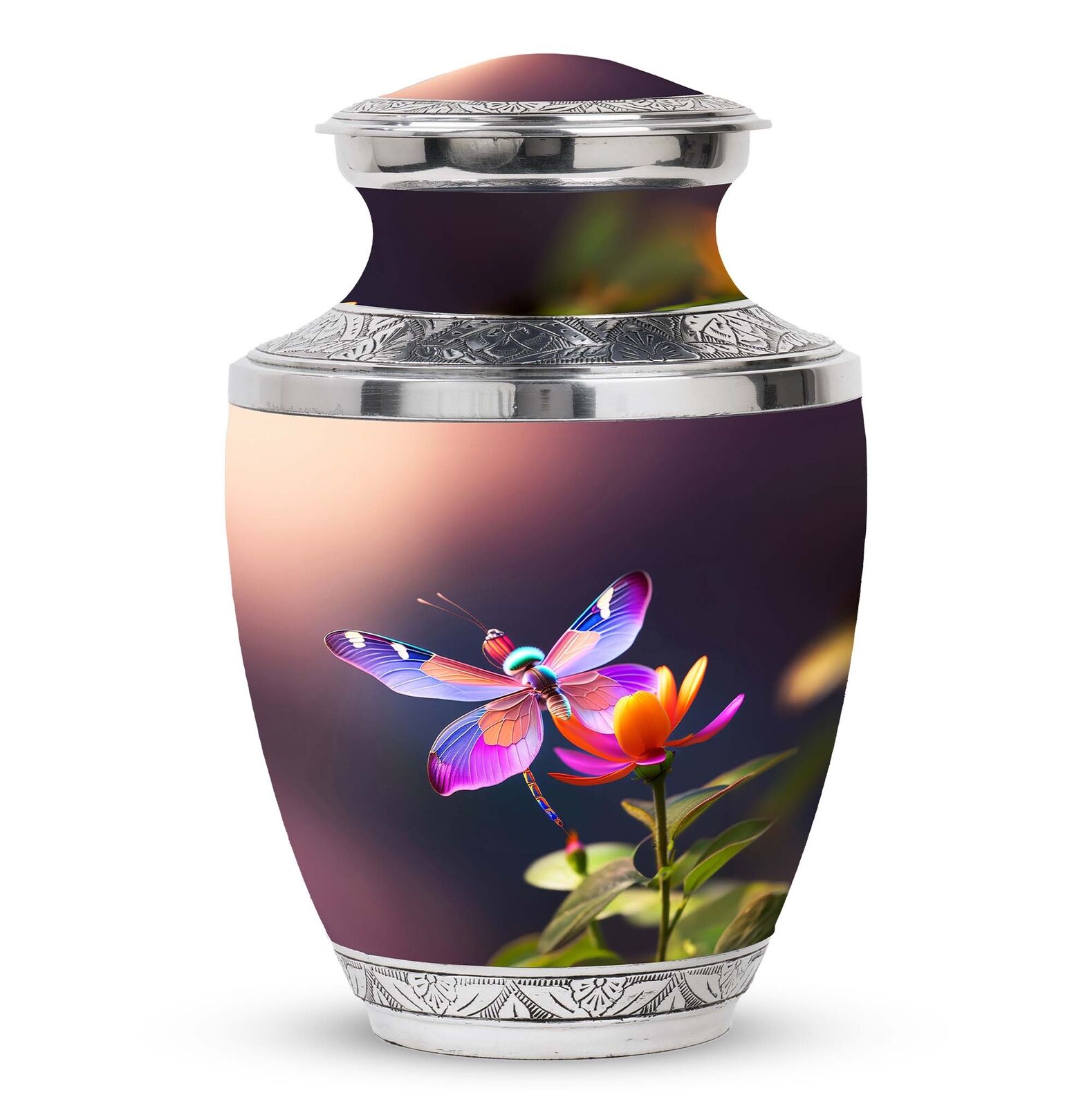 colorful dragonfly sits flower Large Modern Urns For Human Ashes 200 cubic inch