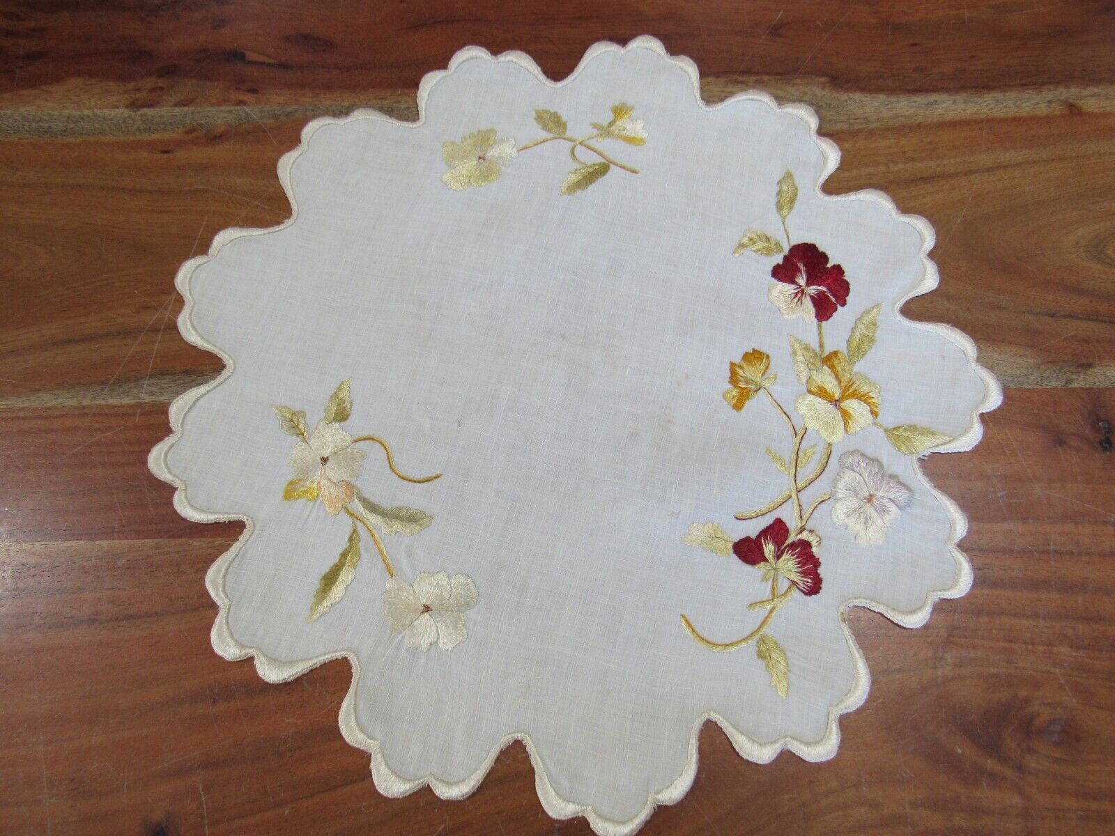 Antique Hand-Embroidered Doily Royal Silk Society 13\