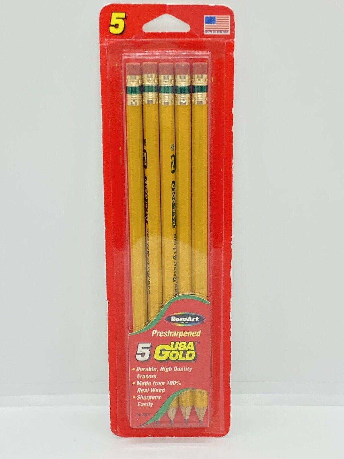 Vintage Rose Art #2 Yellow Pencils 5 Pack USA Gold