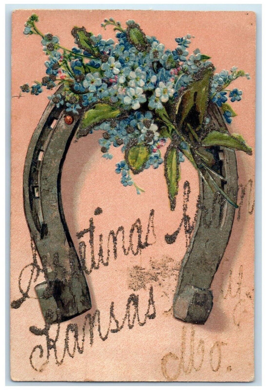 c1910 Greetings From Kansas City Missouri MO Glitter Horseshoe Vintage Postcard