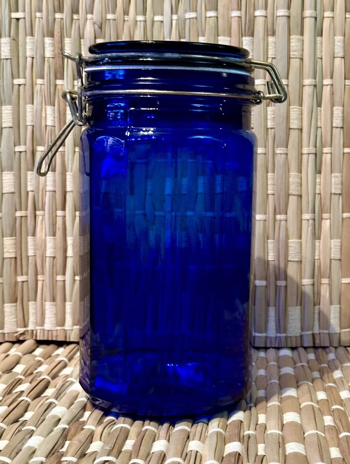 Vintage 7” Cobalt Blue Glass 12 Panel Canister Jars w/ Wire Bail Lid