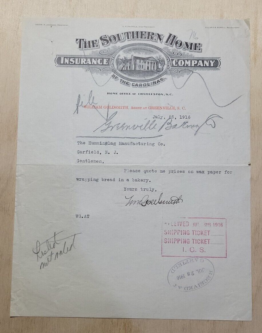 1916 Antique Document, The Southern Home Insurance Co. Charleston, S.C., Signed