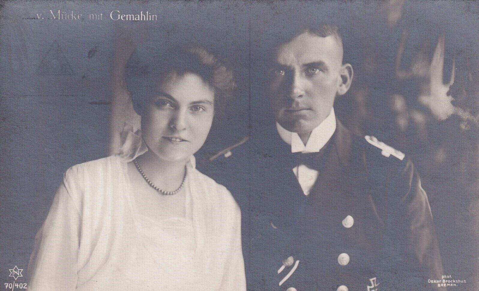 Original RPPC Photo Postcard GERMAN SMS EMDEN CRUISER Officer MUCKE & WIFE 410
