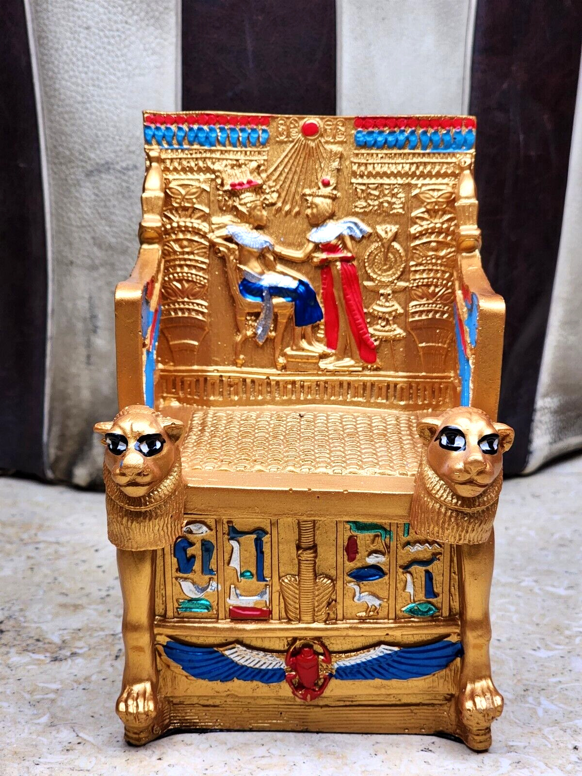 Unique King Tut Throne Pharaonic Antique Gold Handmade Stone With Hieroglyphs