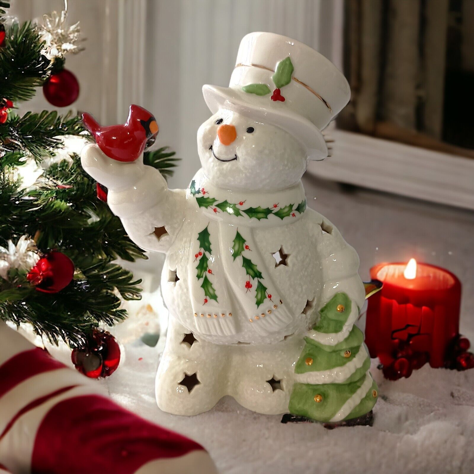 Lenox Happy Holly Days Lit Snowman Cardinal Porcelain Winter Christmas Boxed