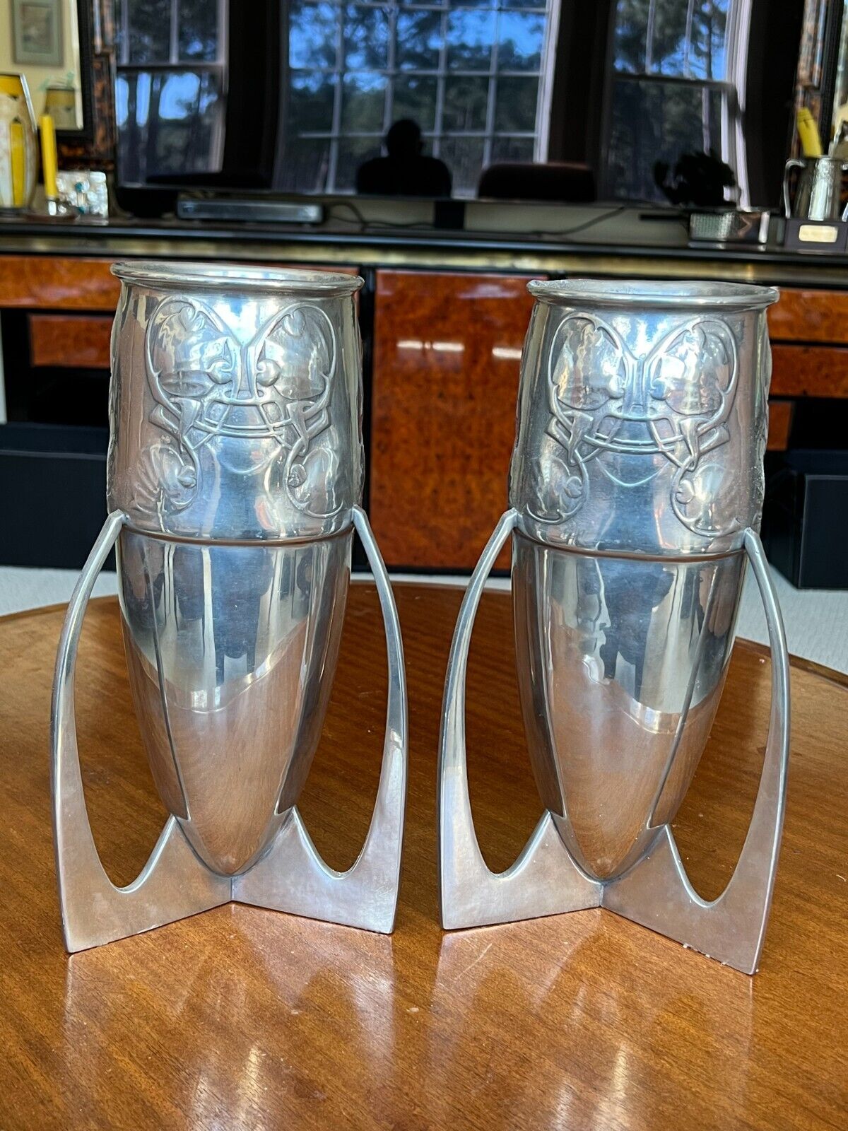 Wonderful Pair of Massive Archibald Knox 0927 Tudric Pewter Bomb Vases