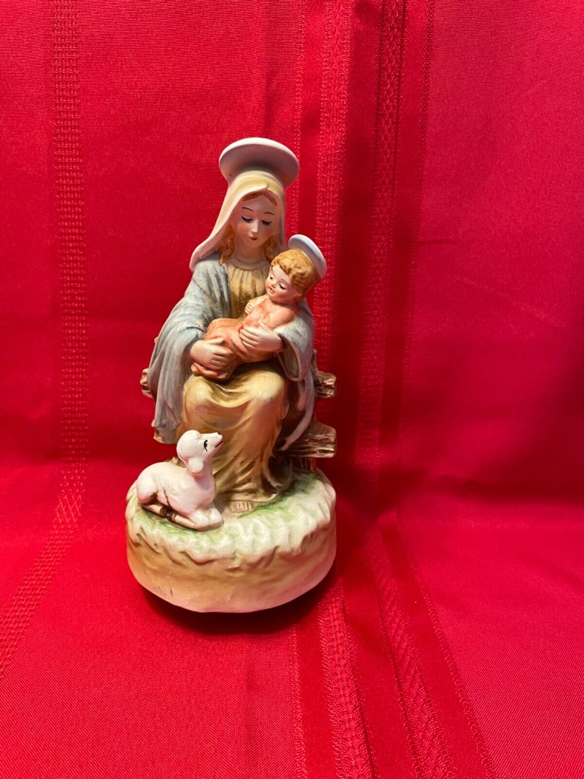 vintage, virgin Mary, with baby Jesus music box figurine