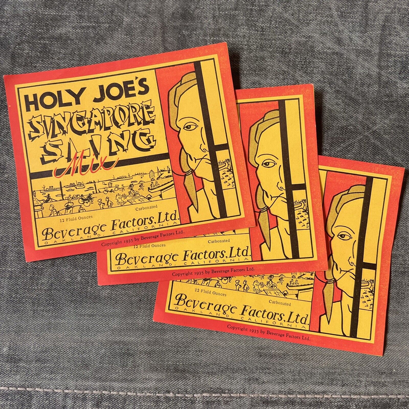 1935 Holy Joe’s Singapore Sling Mix Labels, Carbonated Beverage, Soda, Oakland