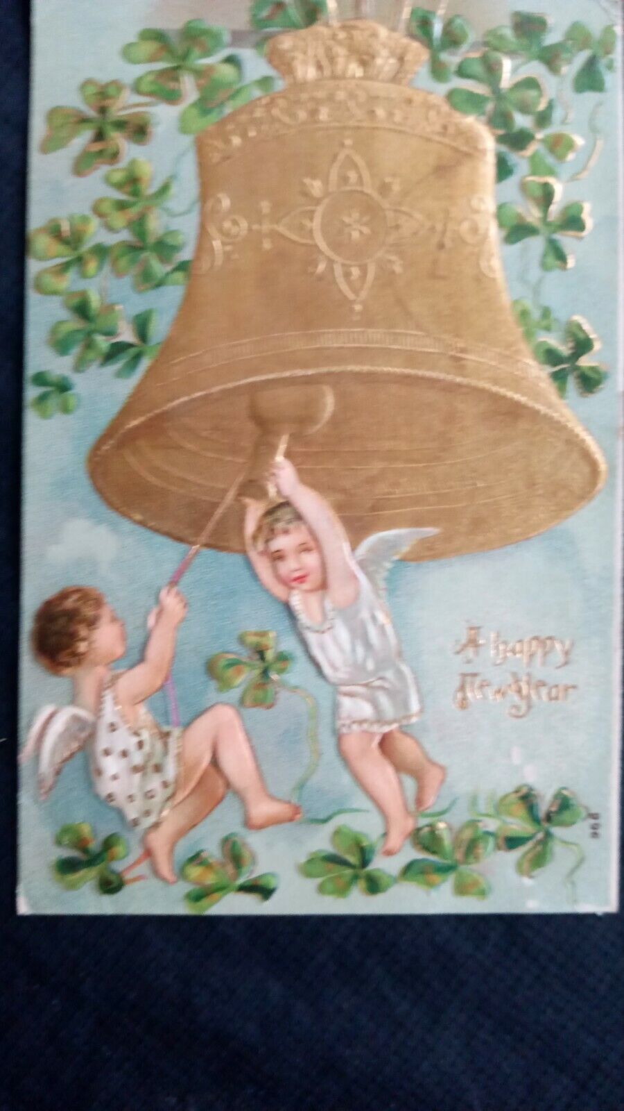 1908 New Year Postcard German Marked Embossed Gold bell clovers angel-children