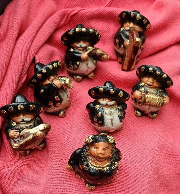 Set Of 7 Vintage Mexican Pottery Folk Art Fat Mariachi Band