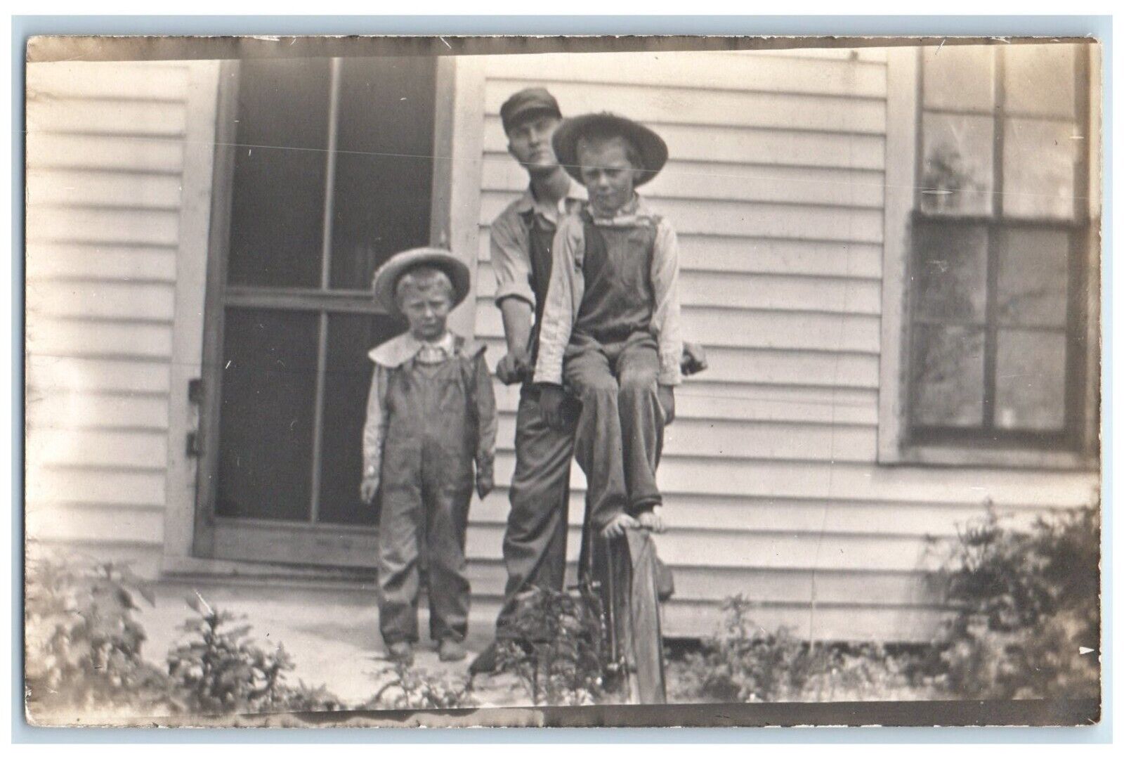 c1910's Boys Ride Bicycle House Door Scene RPPC Photo Unposted Antique Postcard