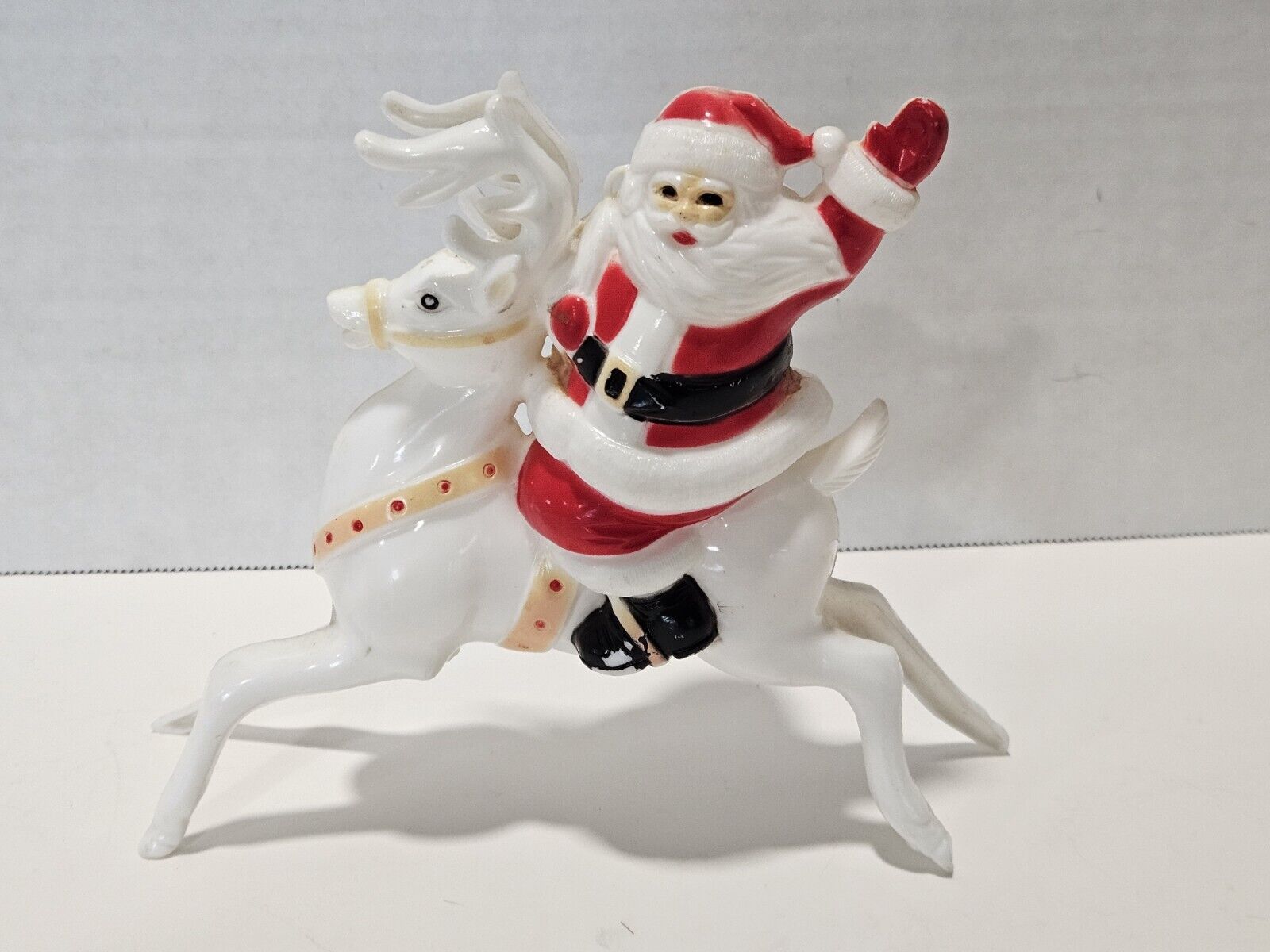 Vintage Rosbro? Santa Claus Riding Reindeer Figurine Hard Plastic MCM