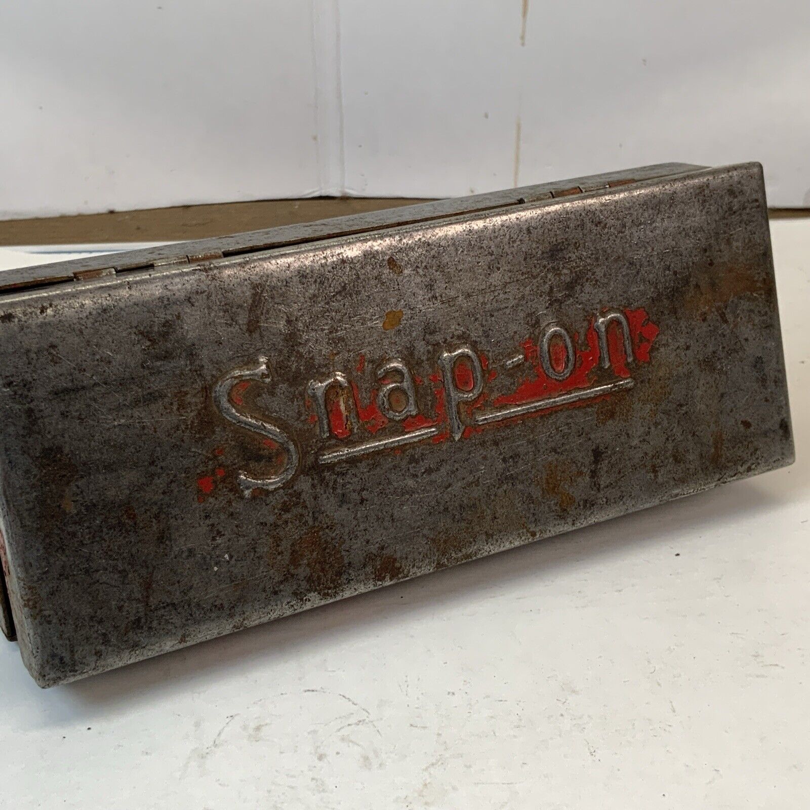 Vintage Snap On Metal Storage Box - Red Paint Worn Away