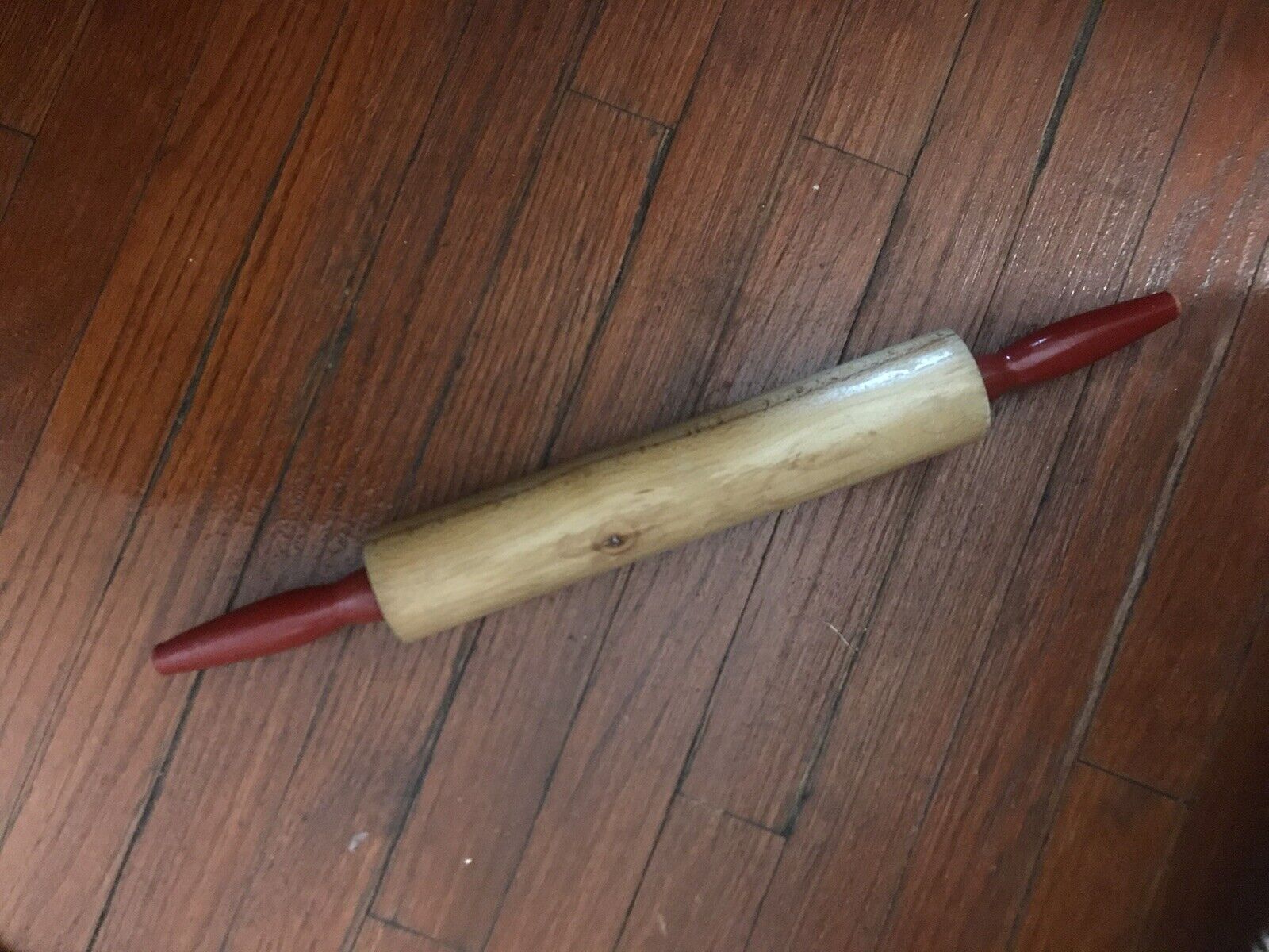 Vintage Red Handled Wood Rolling Pin Antique Kitchenware