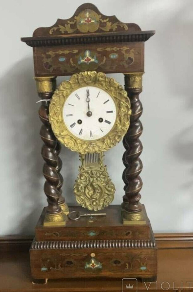 Antique Clock Wood Bronze Mechanical Key Pendulum Candelabra Rare Style Old 19th