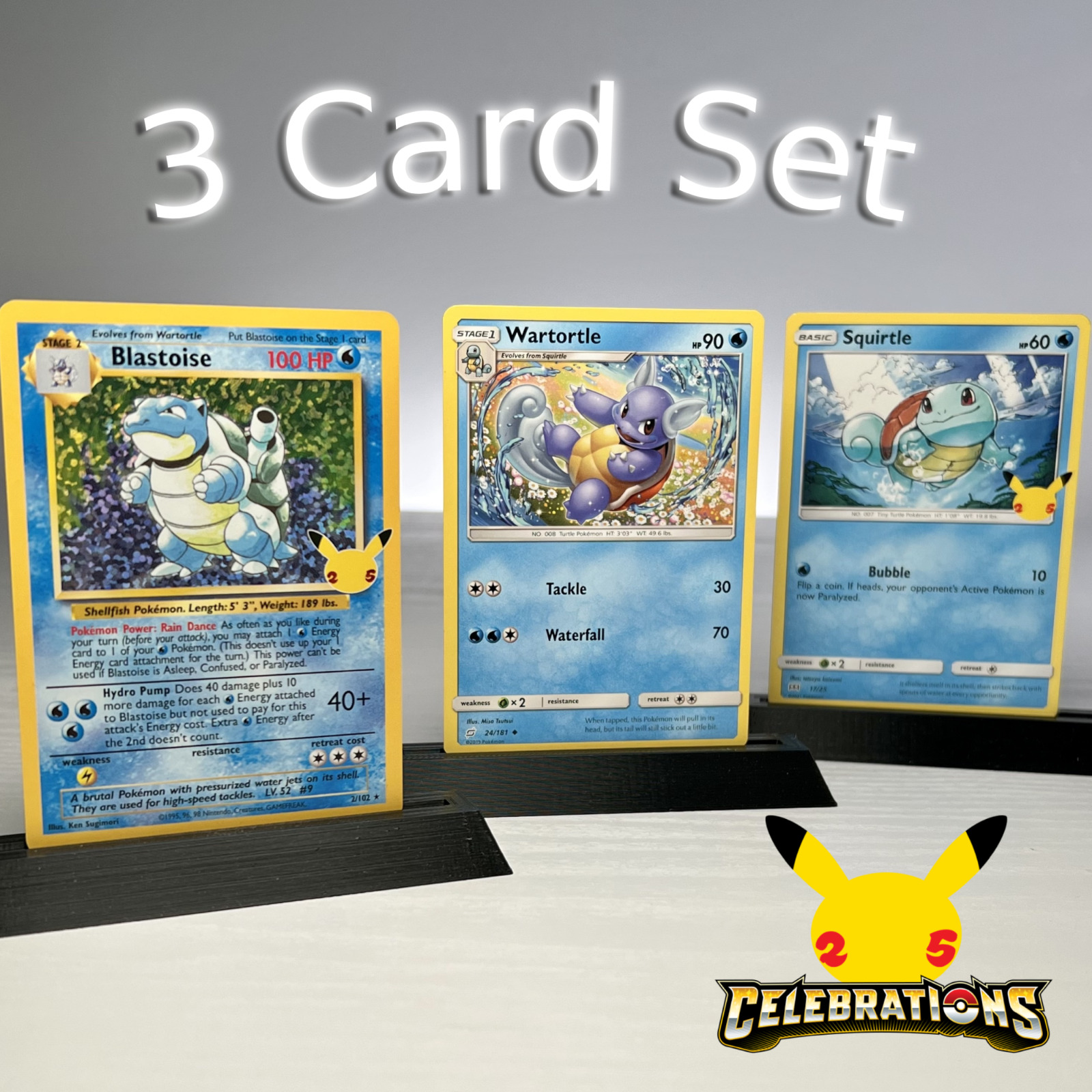Blastoise Celebrations, Wartortle, & Squirtle 3 Card Pokemon TCG Set - NM