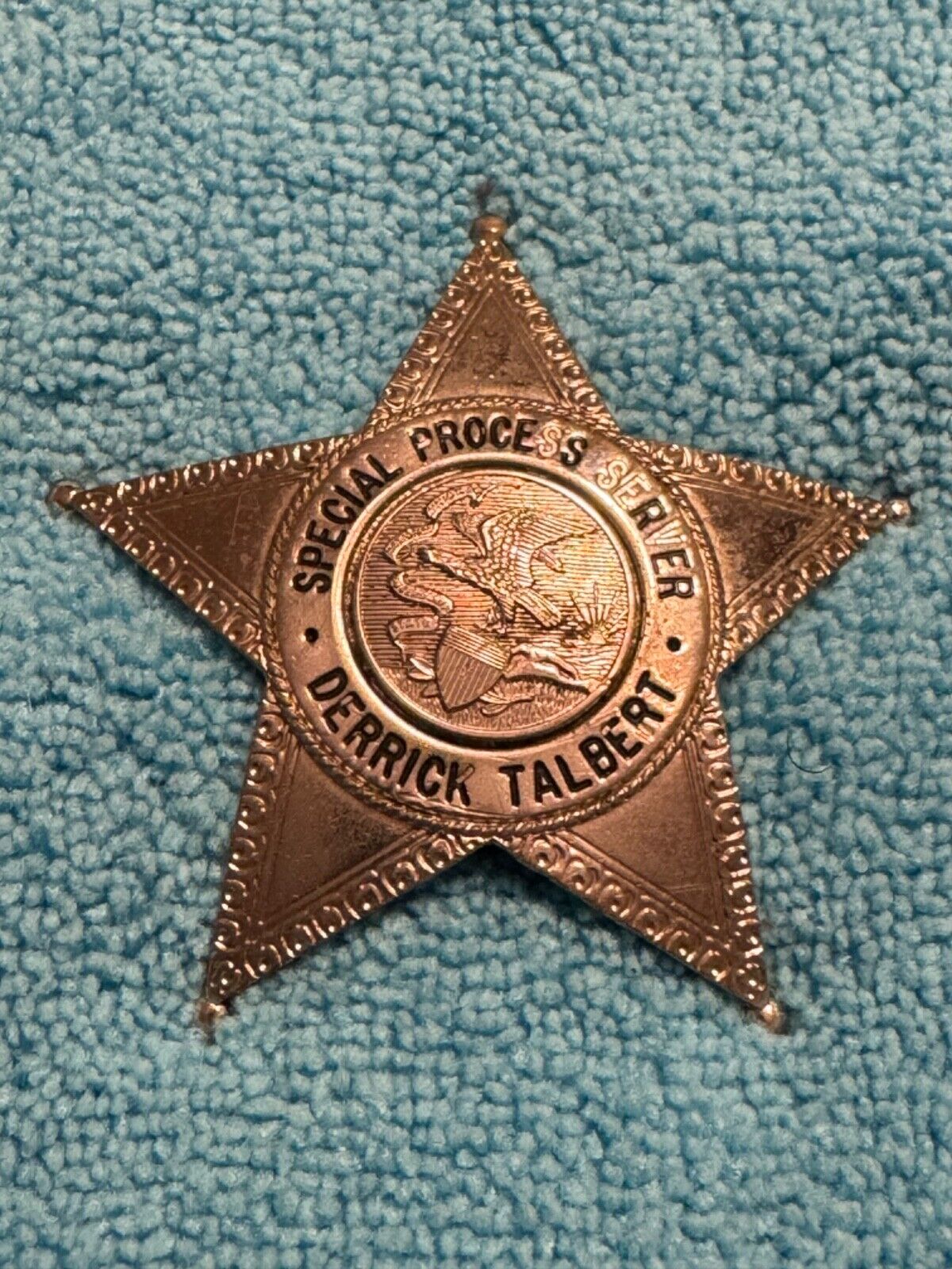 Rare 3” Vintage Obsolete ILLINOIS PROCESS SERVER Badge DERRICK TALBERT COOK CO.