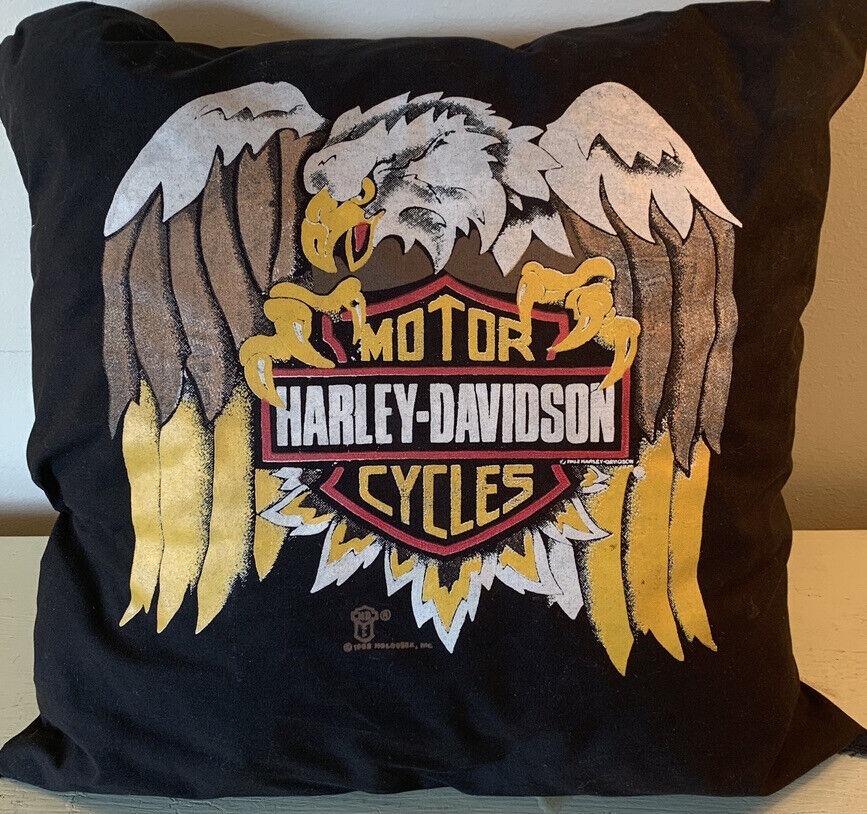 Vintage 1989 Harley-Davidson Logo Throw Pillow Eagle Crest America Black Orange
