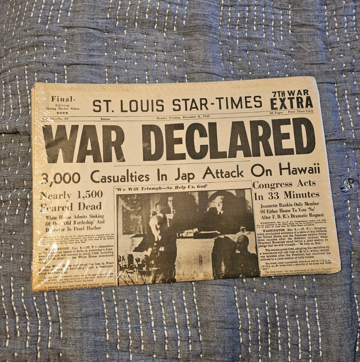 St. Louis Star Times Monday Evening December 8, 1941 War Declared Newspaper NEW