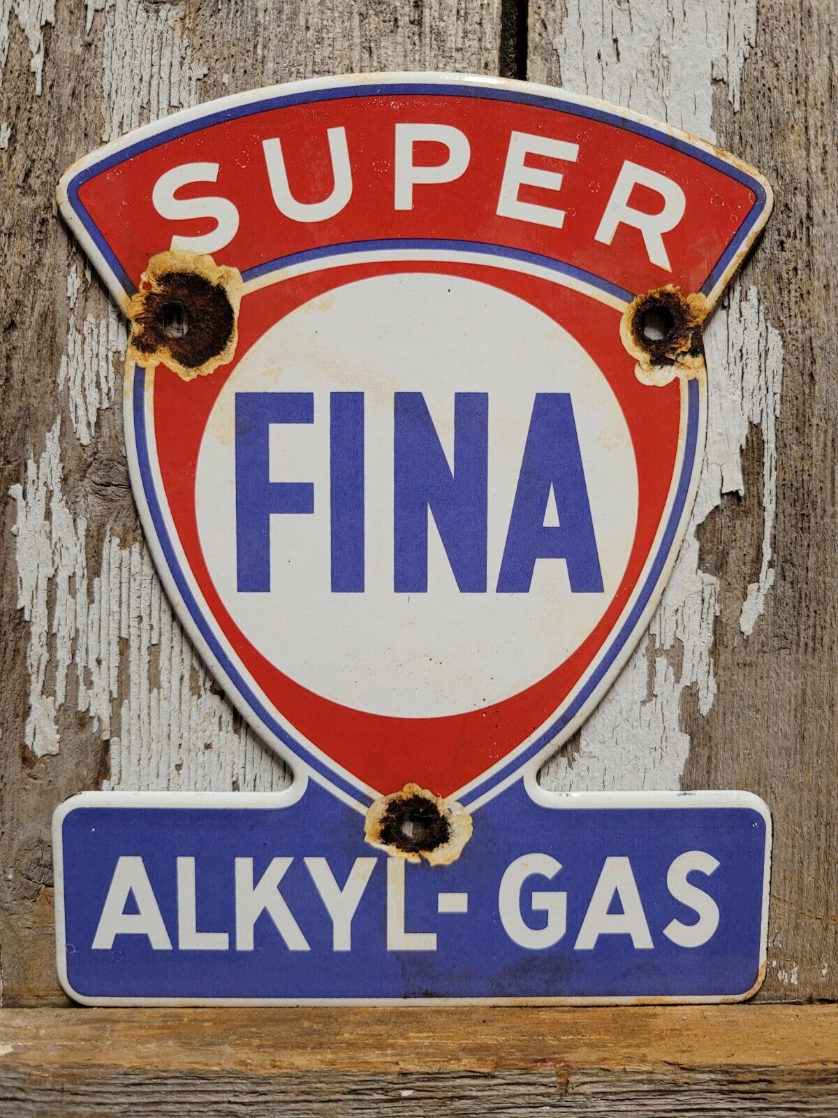 VINTAGE SUPER FINA PORCELAIN SIGN ALKYL GASOLINE STATION OIL SERVICE COMPANY