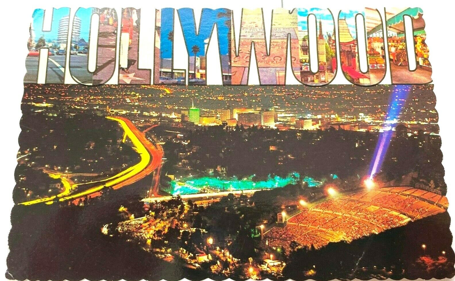 Postcard Hollywood at Night Freeway Vine Street Souvenir Unposted California