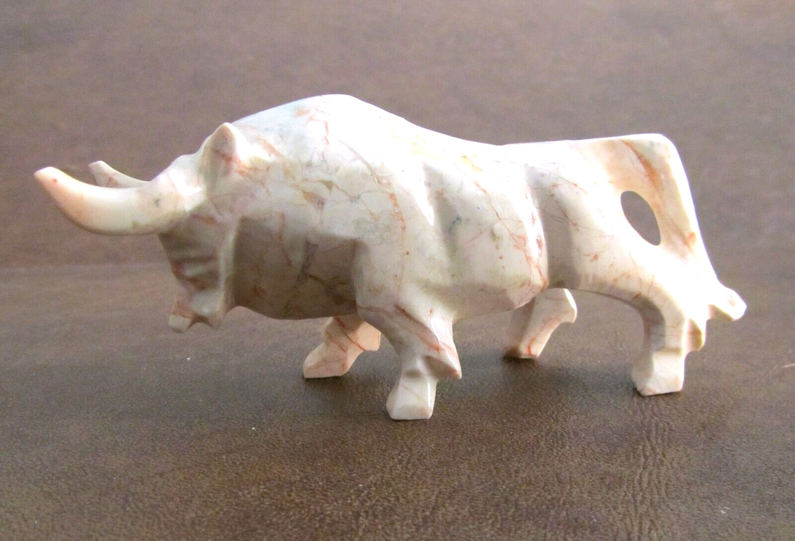 Vintage Charging Bull Figurine Sculpture Hand Carved Pink Marble Stone 12.3 oz.