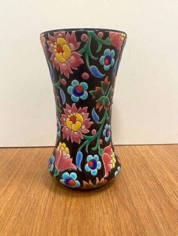 Elegant Antique French Emaux de Longwy Enamel Pottery Vase w Floral Decoration