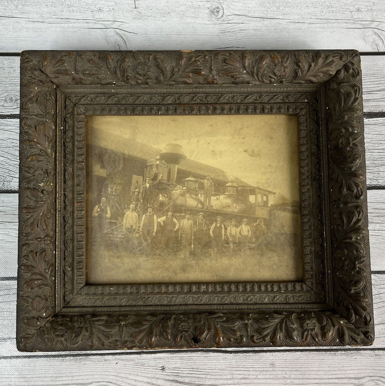 Antique Framed Pacific Express Train At Station With Crew Early 1900s Unique