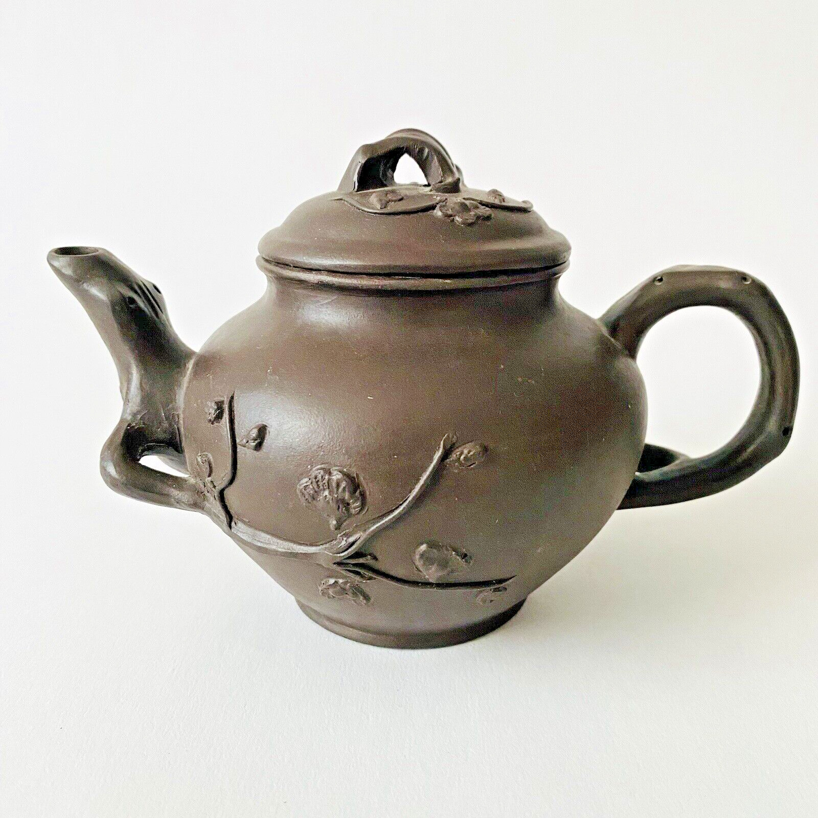 Vintage Chinese Brown Clay Teapot Embossed Cherry Tree Branches 4.75\