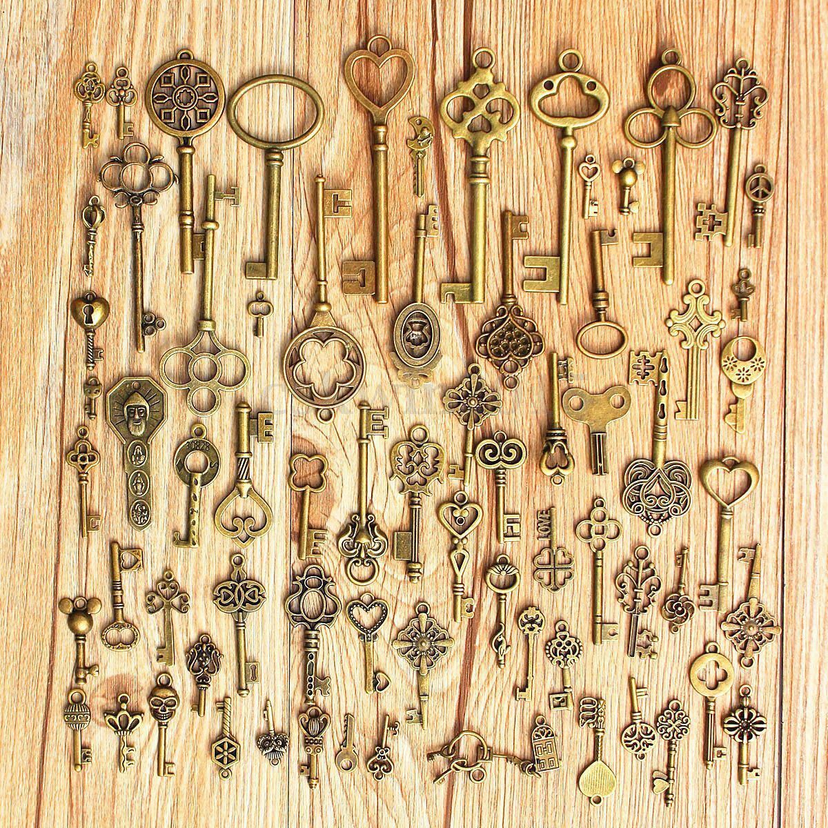 69pcs Antique Vintage Art Look Bronze Skeleton Keys Fancy Heart Bow Pendan Decor