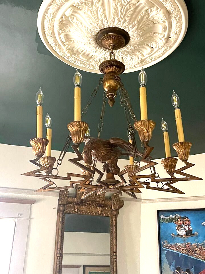 Antique European Thunder Rods Lighting Chandelier. It has a wood Eagle on Top