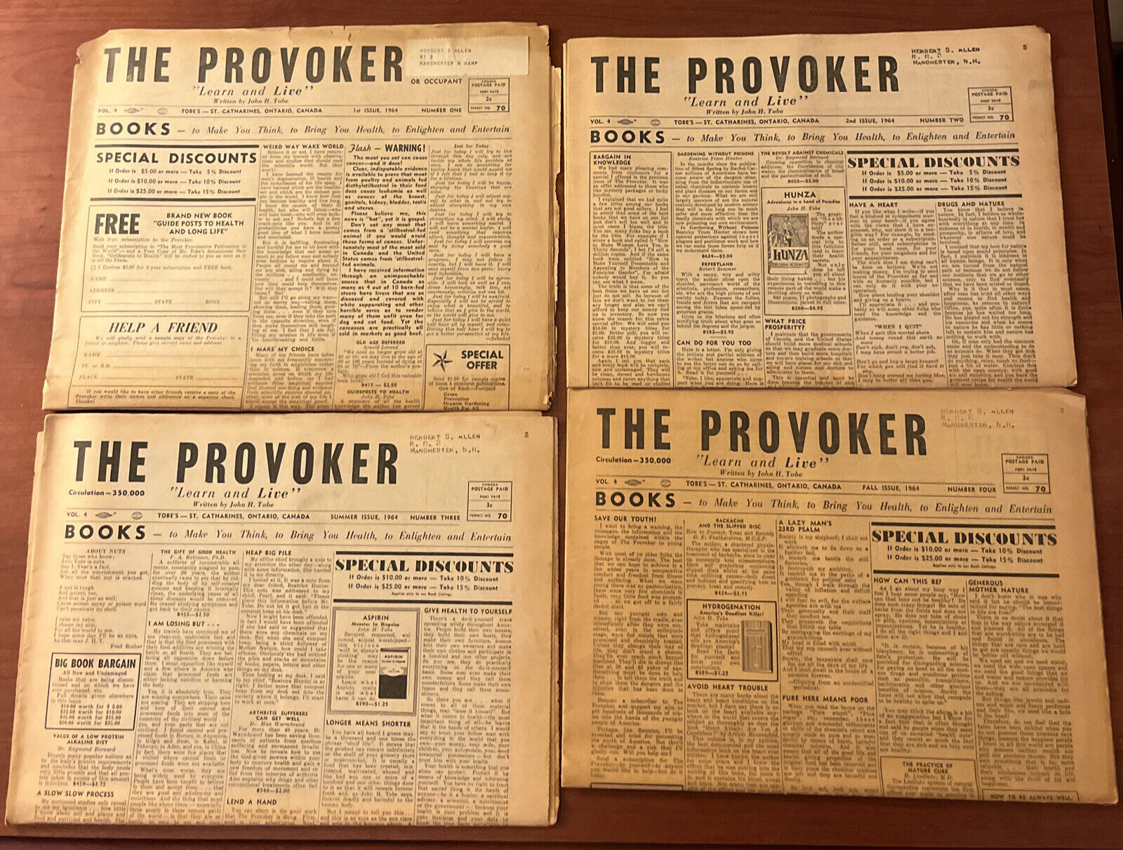 1st 4 Issues Of 1964 Canadian Newspaper “The Provoker” Books Health Enlightened