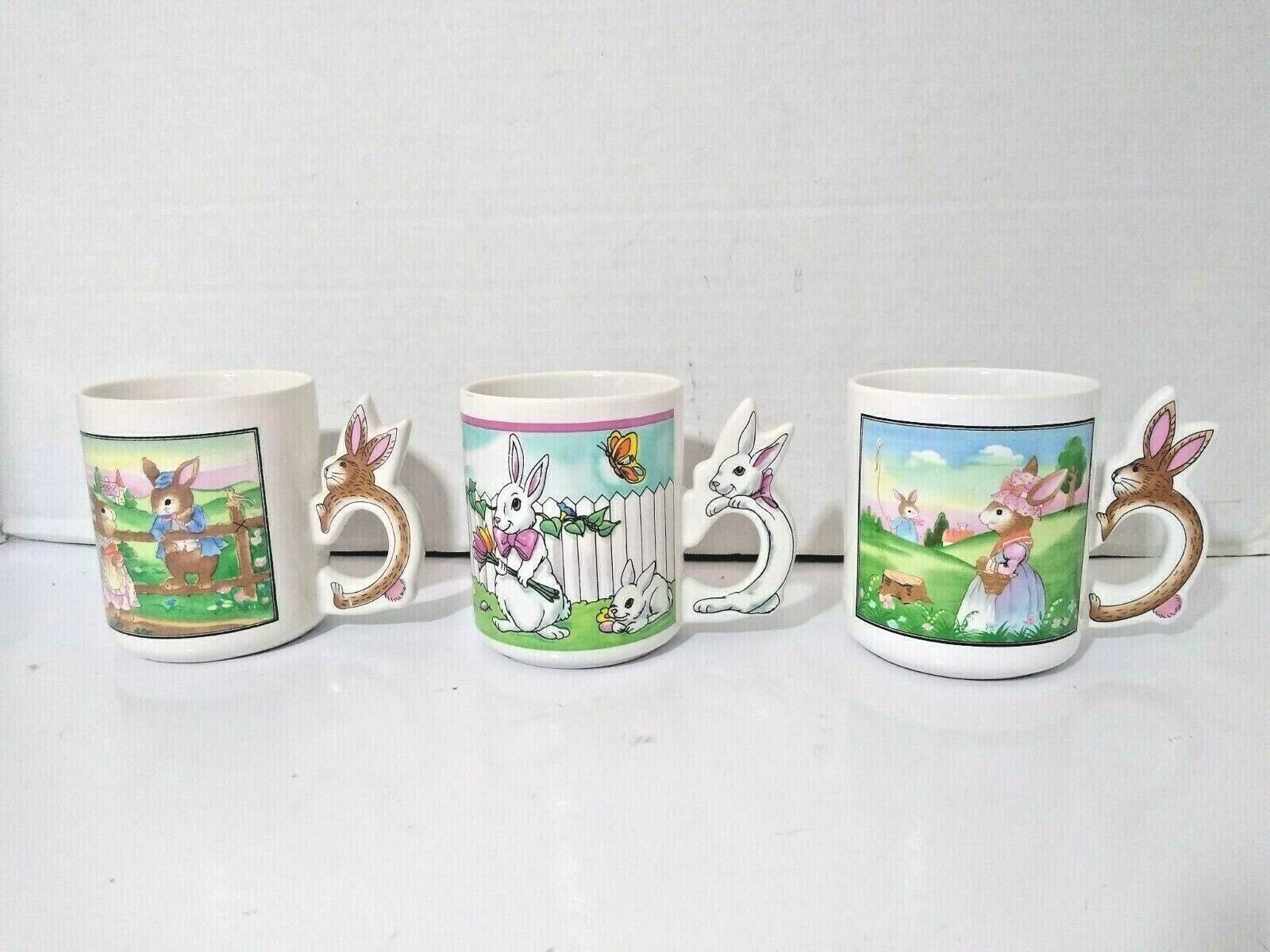 Vtg Set of 3 Bunny Peter Rabbit Garden Ceramic Coffee Mug Cup with Rabbit Handle