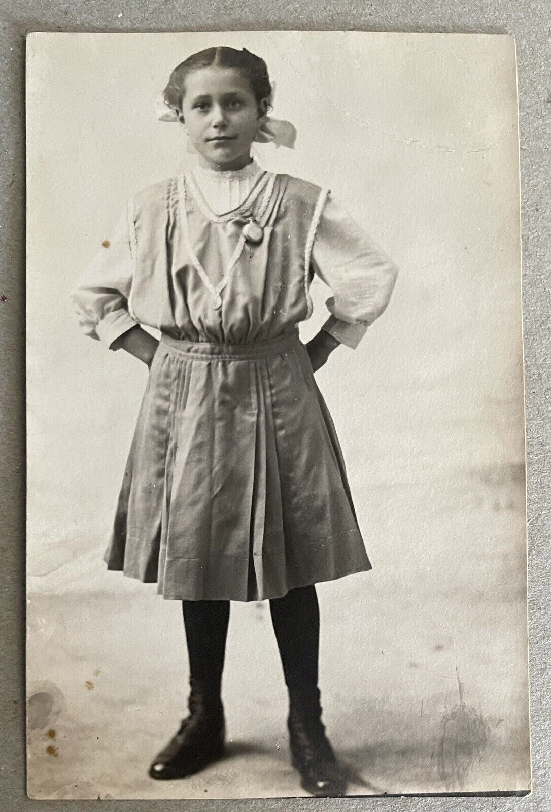 1910s RPPC Photo Postcard Young Girl in School Uniform Dress Divided