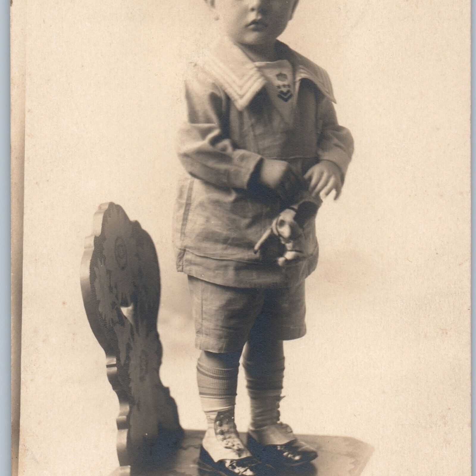 c1910s Cute Baby Boy w/ Toy Horse RPPC Sailor Fashion Stand Chair Portrait A187