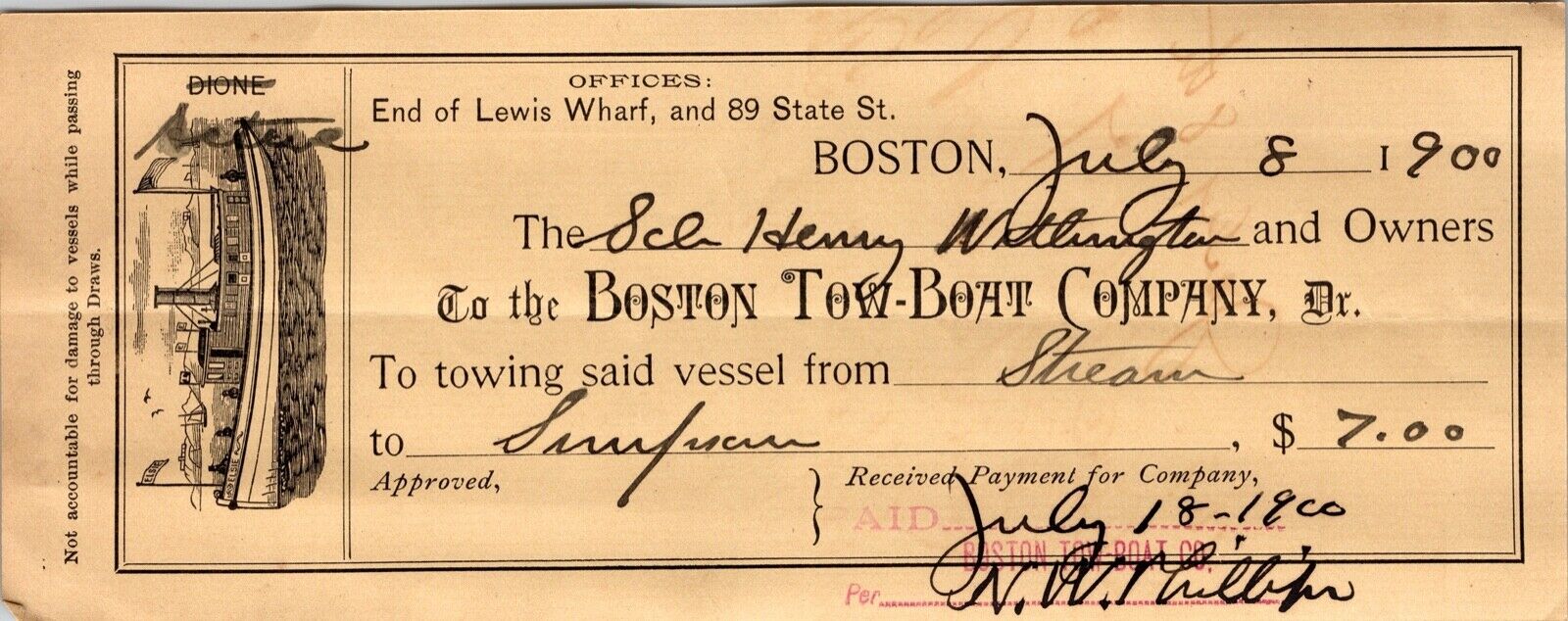 1900 Boston Tow Boat Company Antique Billhead Receipt Maritime Henry Worthington