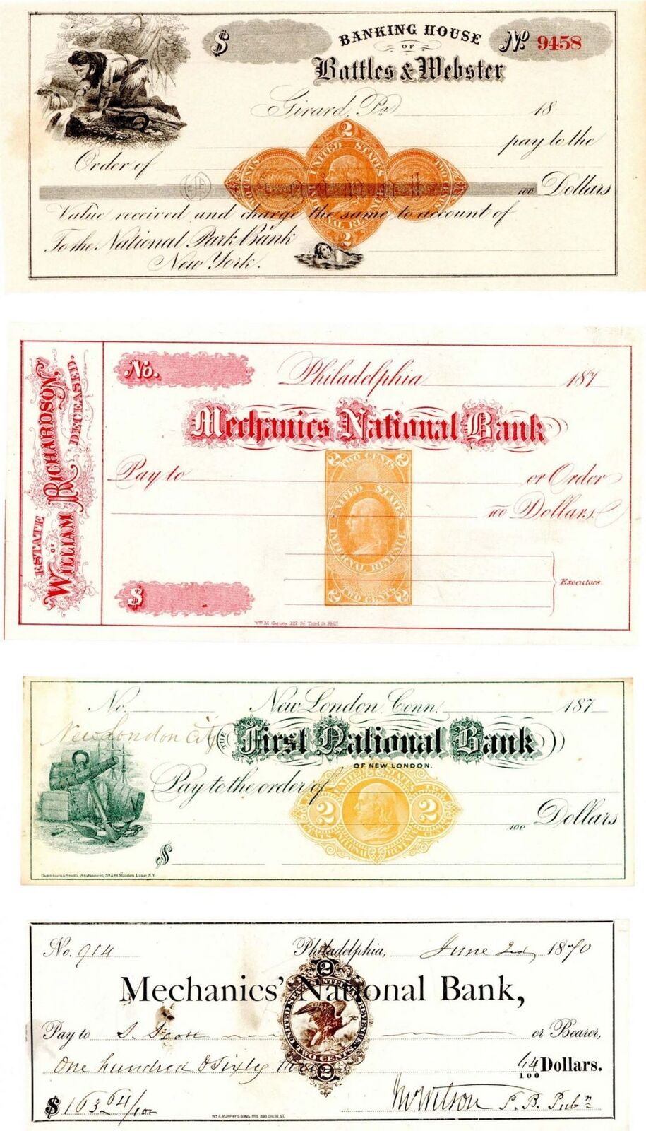 Group of 7 Different Checks with Revenues - Check - Checks with Revenue Stamps