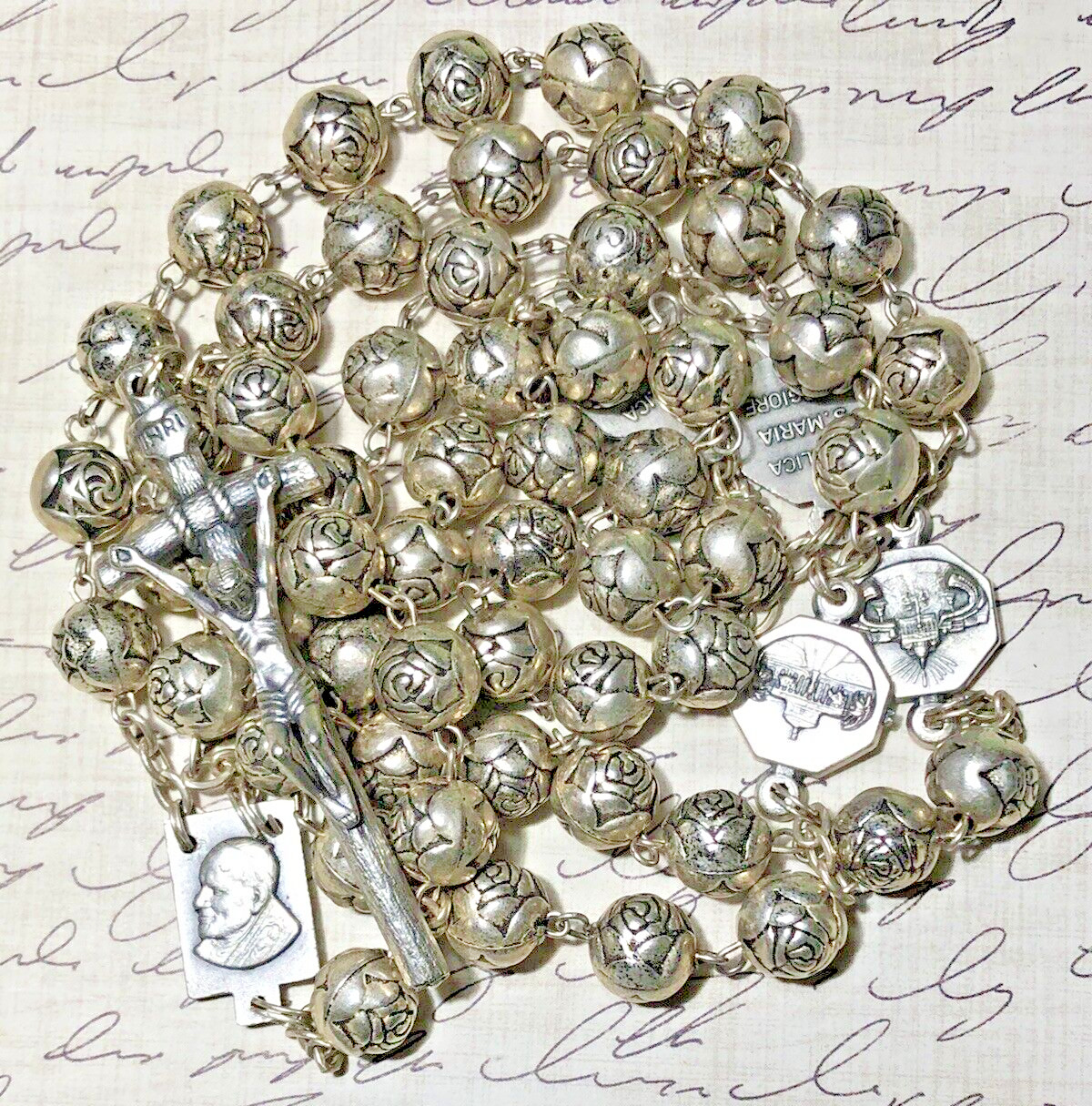 Vintage Pope John Paul II Rosary, Basilica Medallions, Rosebud Beads, Italy